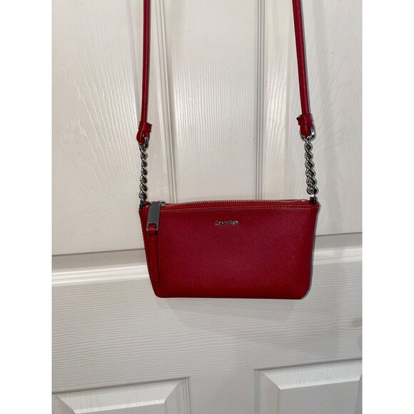 Calvin Klein Red Saffiano Leather Crossbody Bag With Silver Chain Strap - Picture 3 of 9
